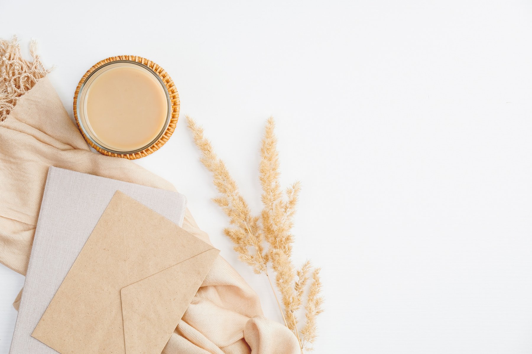 Romantic Letters, Cup of Coffee, Beige Blanket and Dry Flowers on White Background